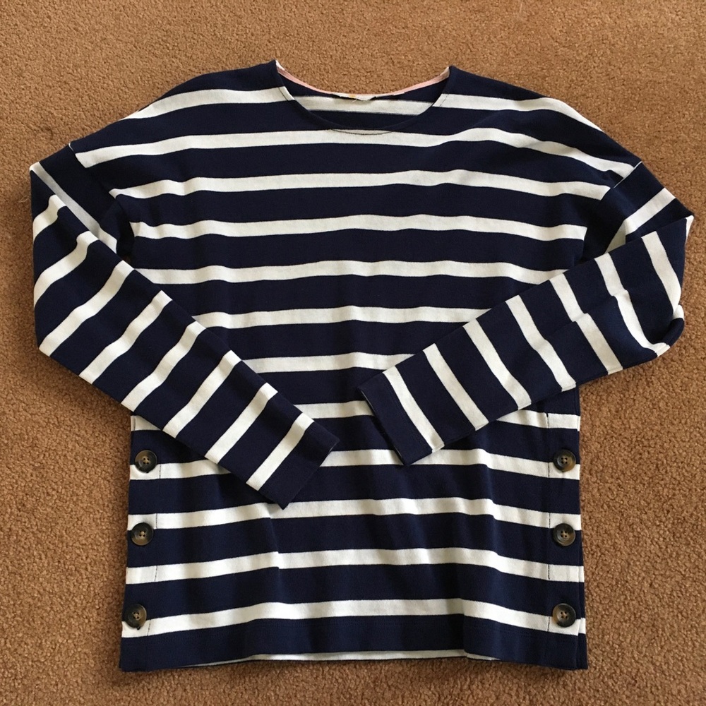 Boden 100% Cotton Navy and White Stripe sweater US size 6 with side buttons EUC